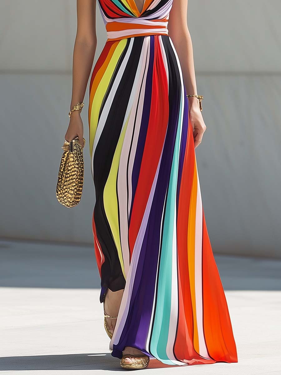 [24-hour shipping out]Elegant Flowing V-neck Rainbow Stripe Print Chiffon Maxi Dress