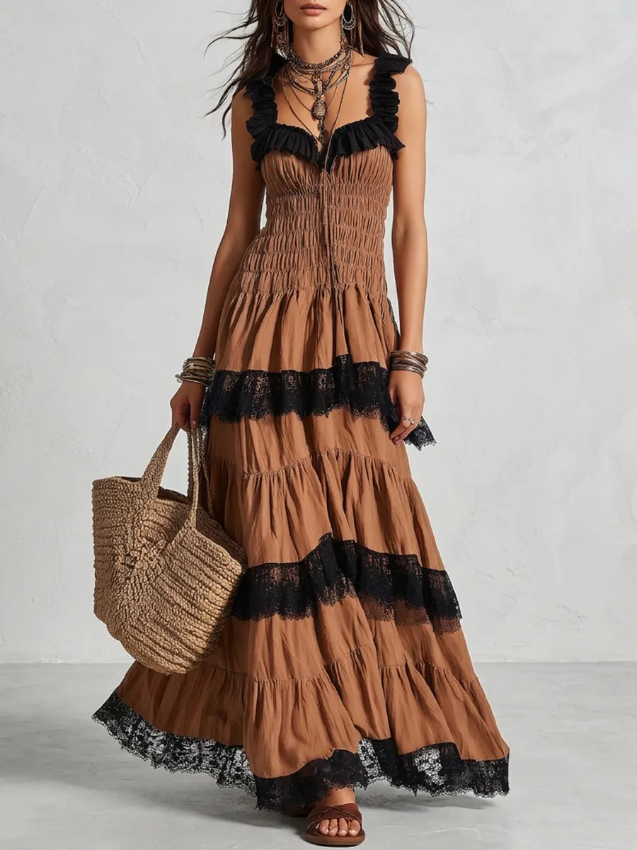 Desert Rose Pleated Tiered Lace Dress