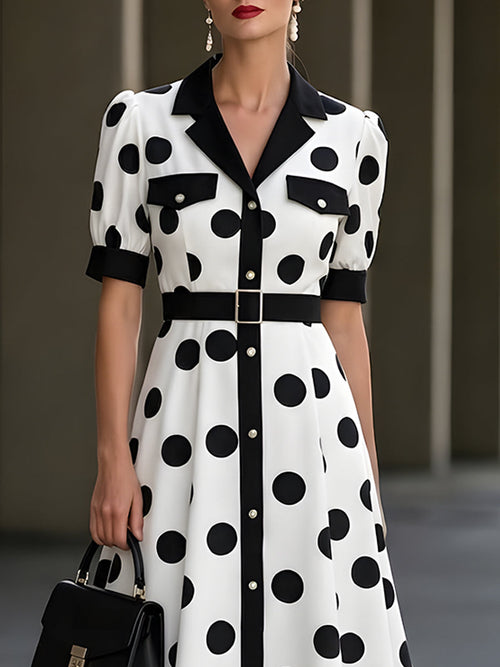 Black And White Polka Dot Shirt Dress (Mid-Length)
