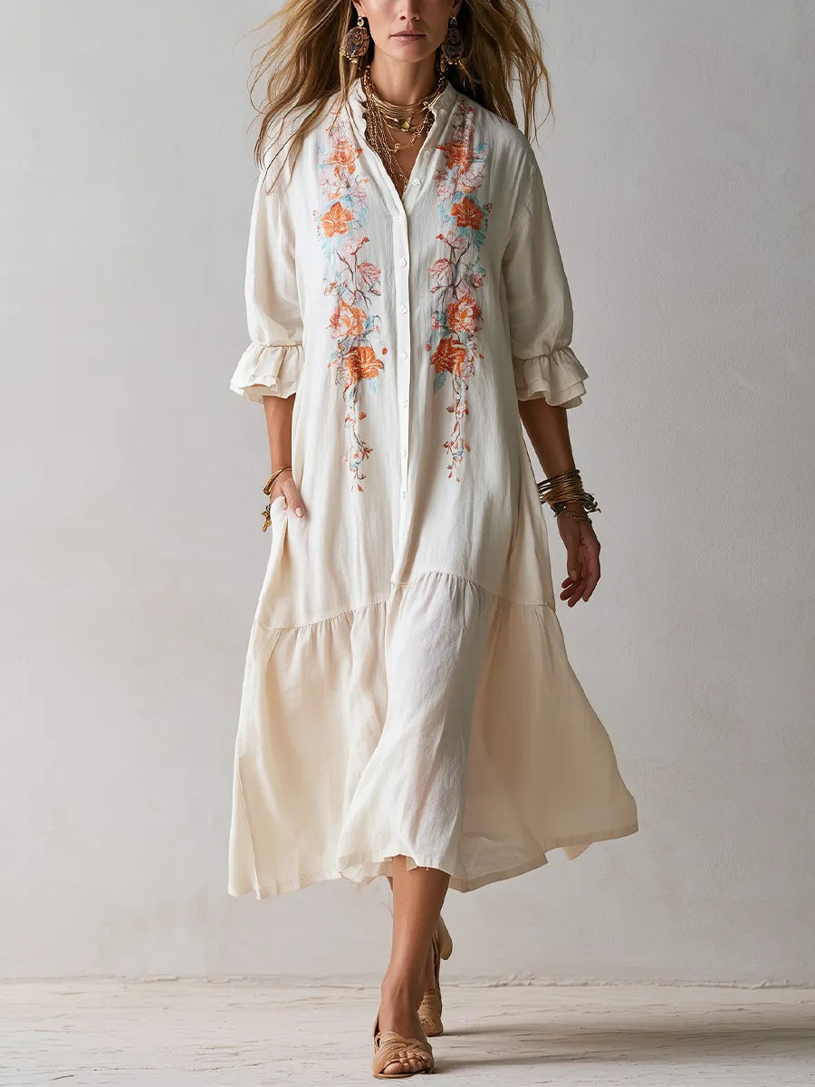 Bohemian Floral Embroidered Ruffle Sleeve Dress