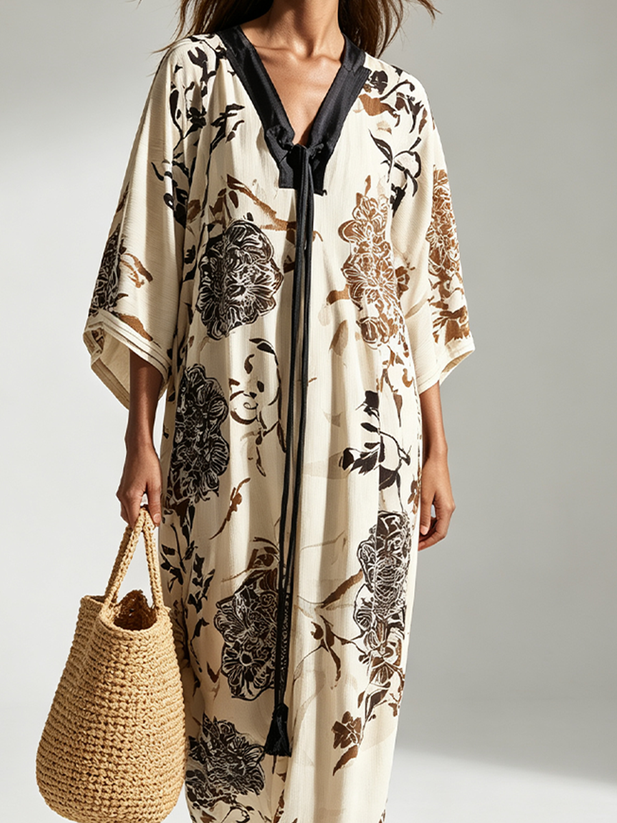 Resort Floral Loose Fit Kimono Sleeve Maxi Dress