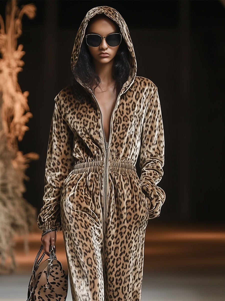 [24-hour shipping out]Casual Loose Vintage Velvet Leopard Print Zipper Hooded Jumpsuit