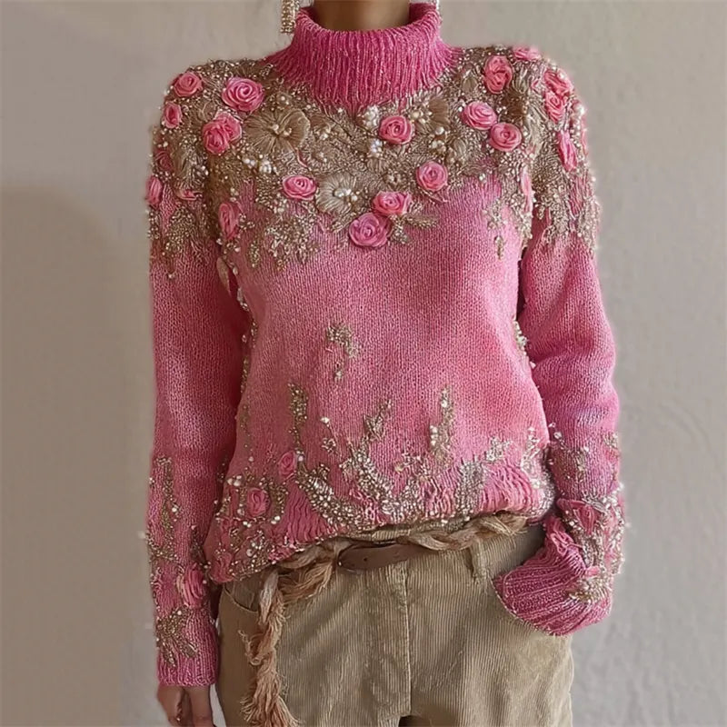 Classy Pink Roses Glitter Cozy Knit Turtleneck Sweater