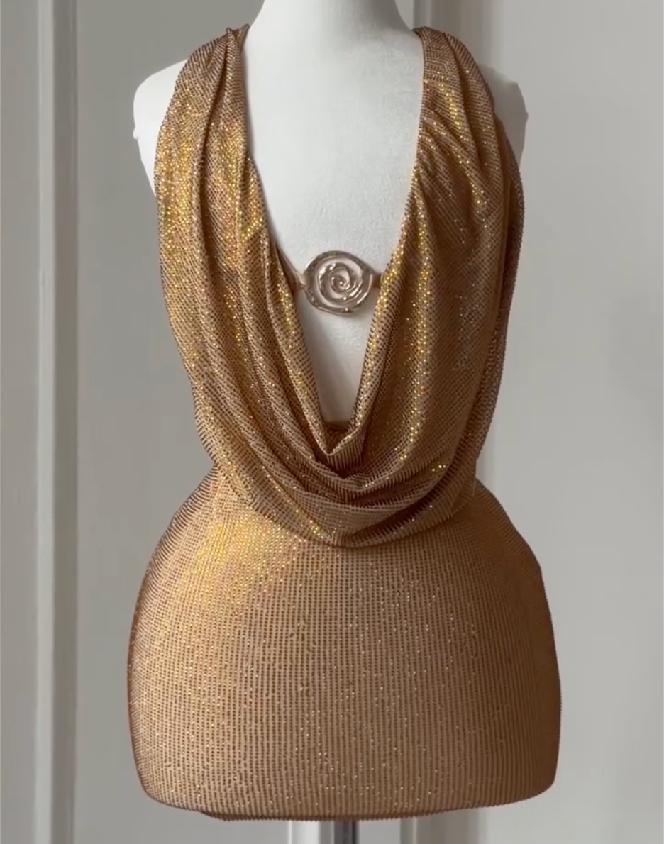 Halter Cowl Neck Rhinestone Mesh Mini Bodycon Dress, Gold & Black Rose Buckle Crisscross Back Party Evening Gown