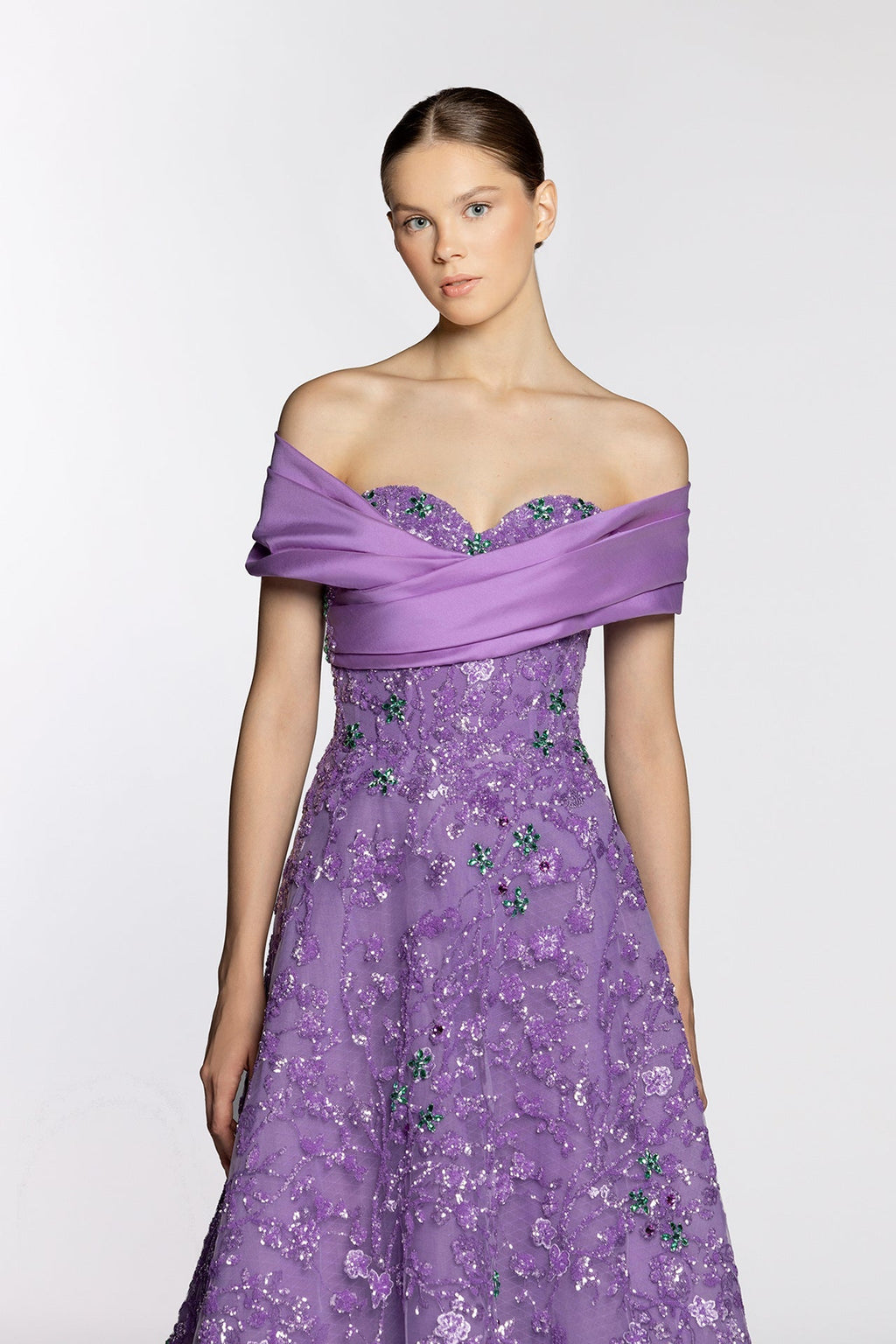 Draped bodice fully embroidered dress