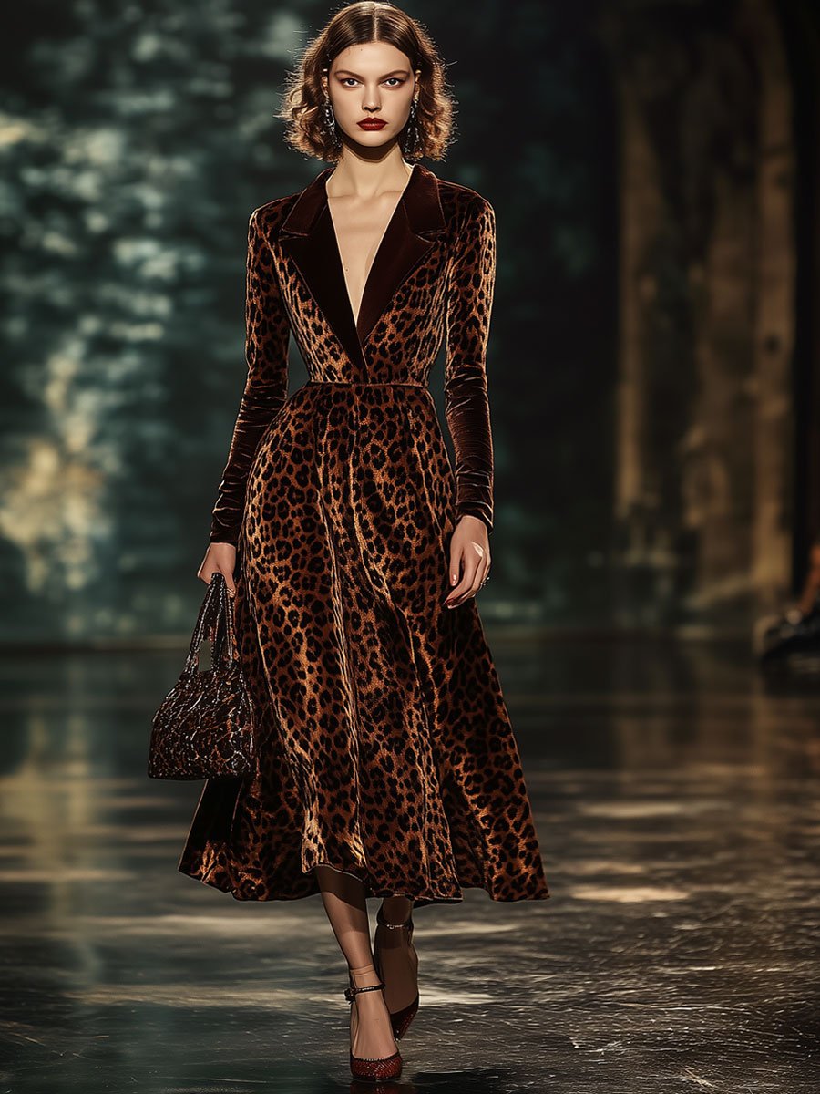 [24-hour shipping out]Lapel Fashion Party Leopard Print Velvet Long Sleeve Midi Dress