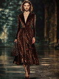 [24-hour shipping out]Lapel Fashion Party Leopard Print Velvet Long Sleeve Midi Dress