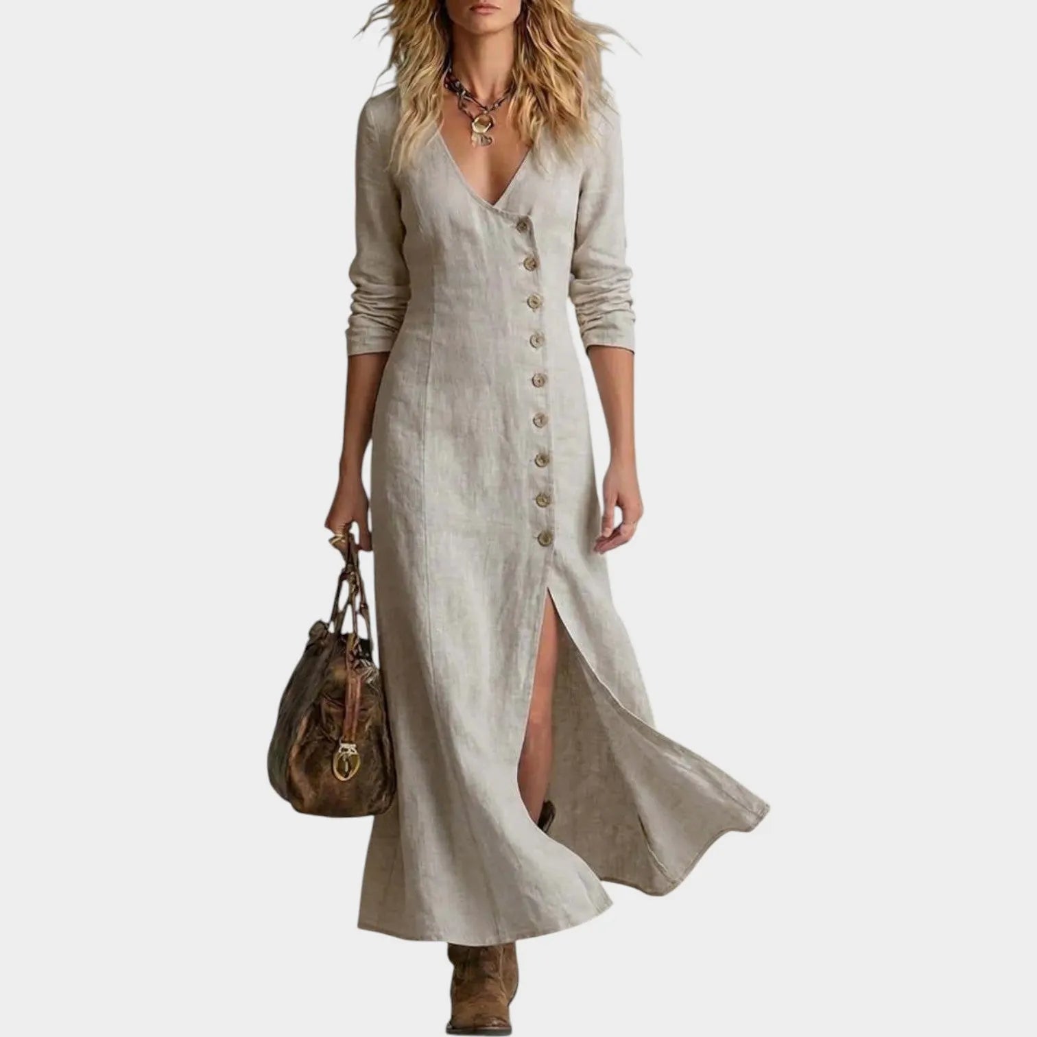Button-Front Linen Maxi Dress