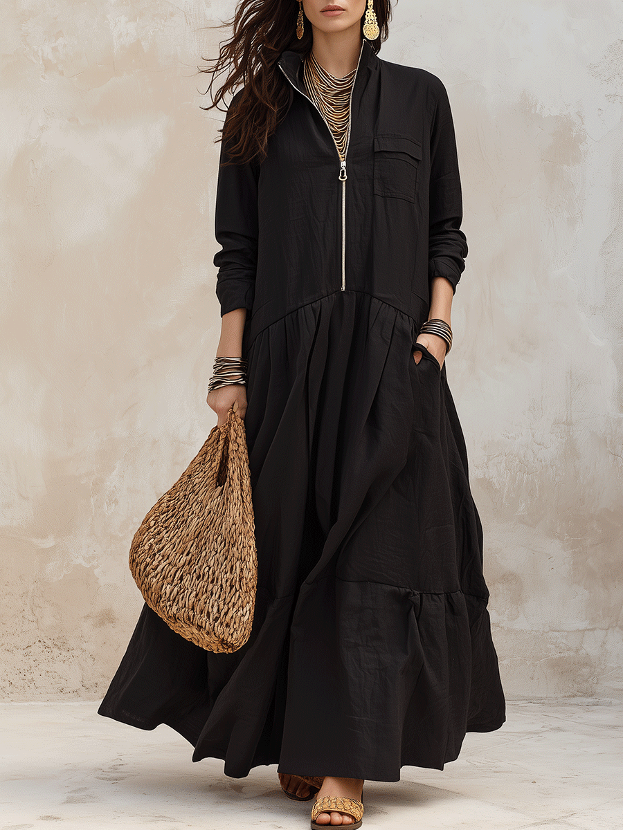 Effortless Boho Linen Zip-Front Tiered Drop-Waist Black Maxi Dress