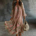Women's Floral Art Flowy Linen Blend Casual Long Sleeve Maxi Dress