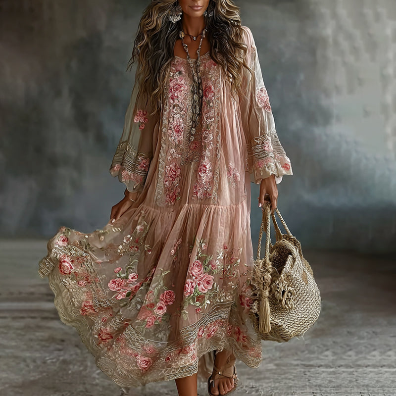 Women's Floral Art Flowy Linen Blend Casual Long Sleeve Maxi Dress