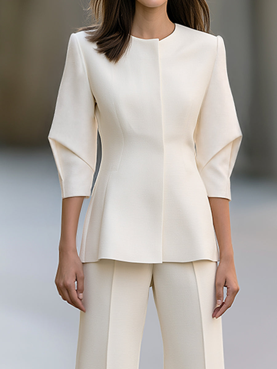 Sculpted Sleeve Peplum Jacket And Wide-Leg Pants Set