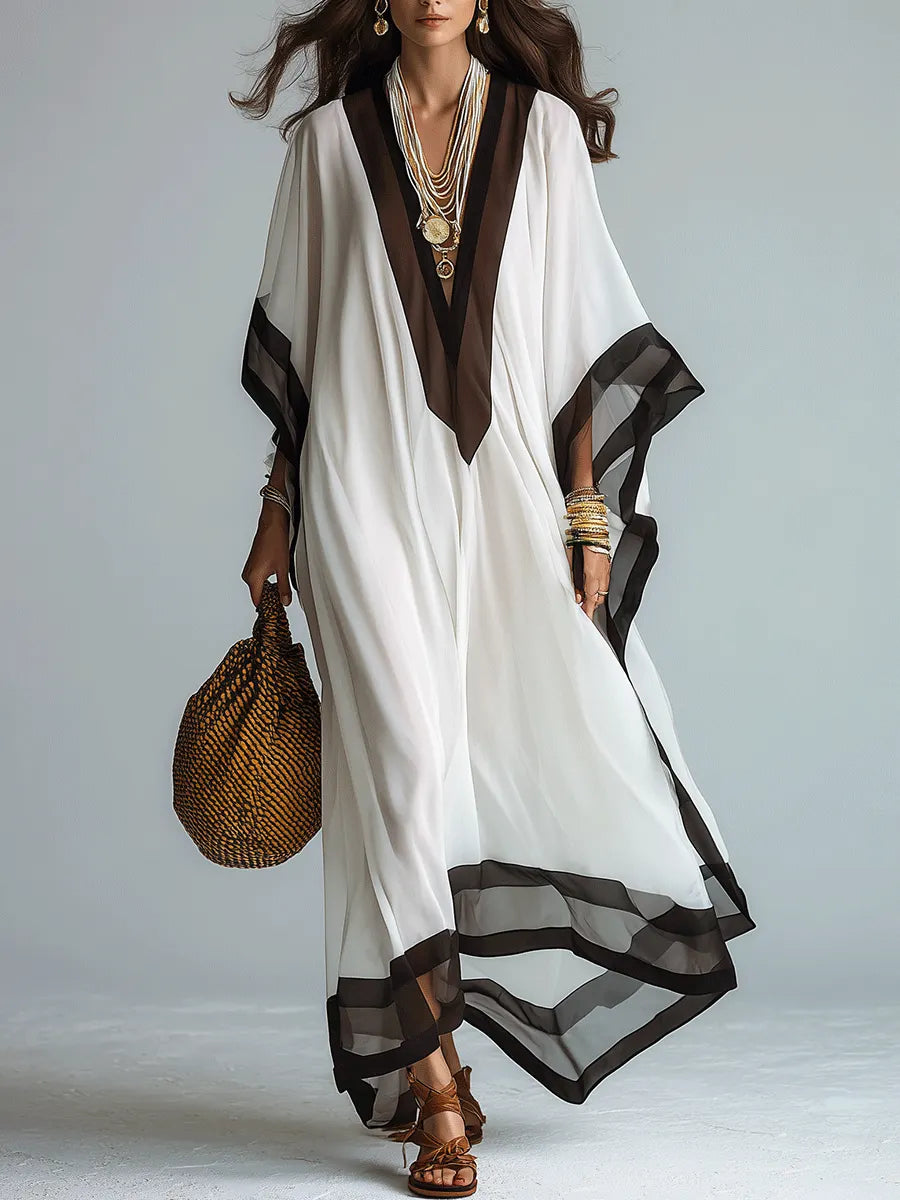 Elegant Resort Chiffon Contrast-Trim V-Neck White Kaftan Maxi Dress