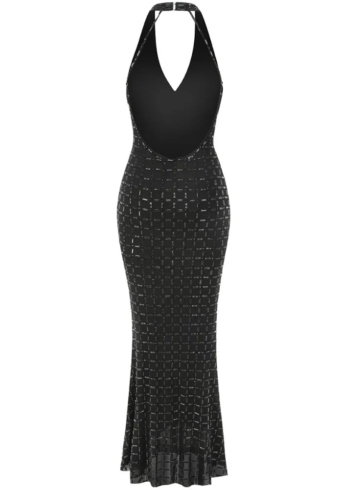 Halter Bustier Embellished Maxi Dress Black