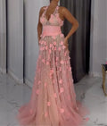 Halter Deep V 3D Floral Beaded A-Line Tulle Evening Gown, Blush Pink Ruched Waist Sheer Formal Maxi Dress