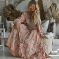 Women's Retro Floral Embroidered Art V-neck Long Sleeve Maxi Dress