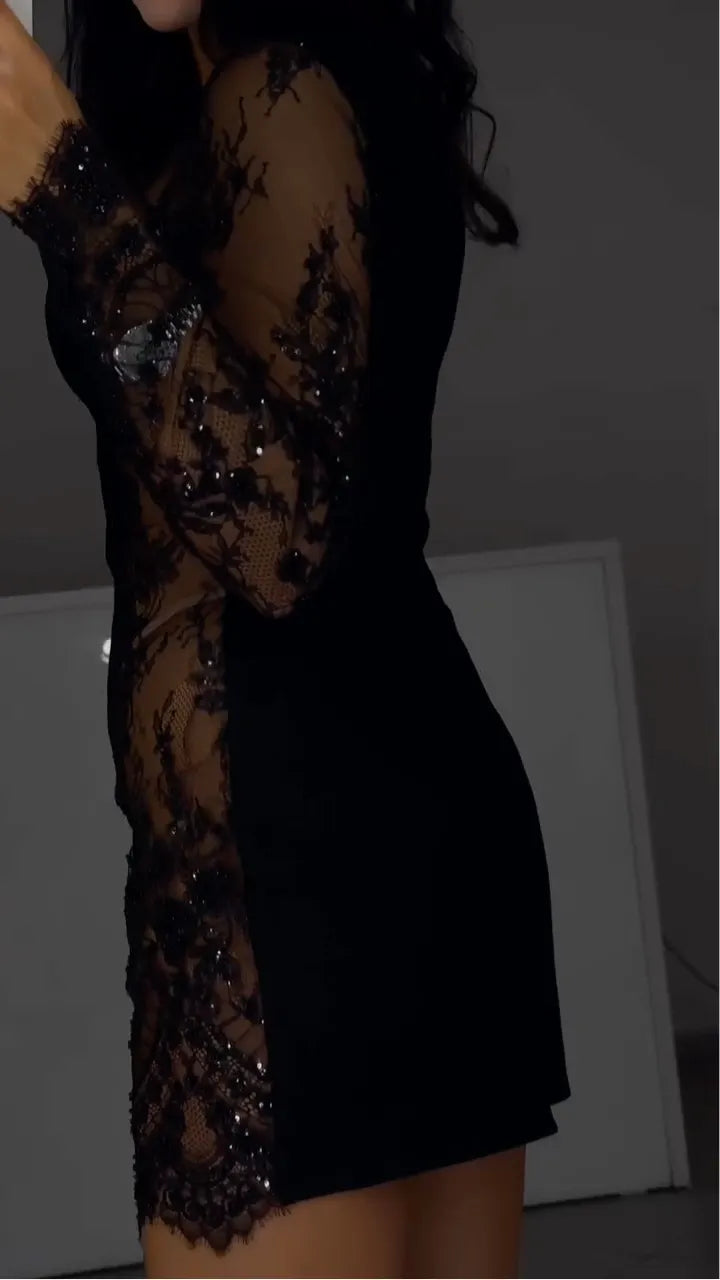 Black Round Neck Lace Asymmetrical Mini Dress