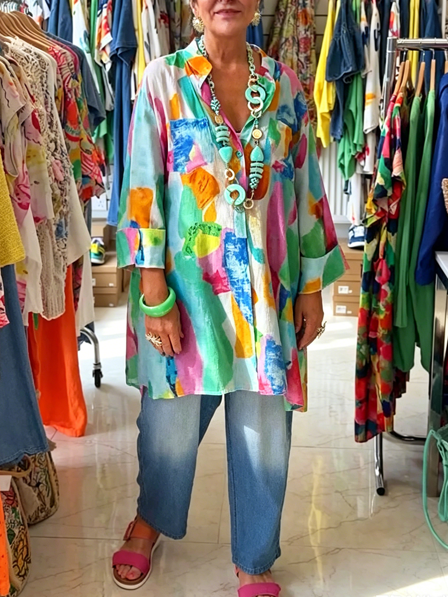 Artistic Watercolor Print V-neck Cotton-linen Shirt