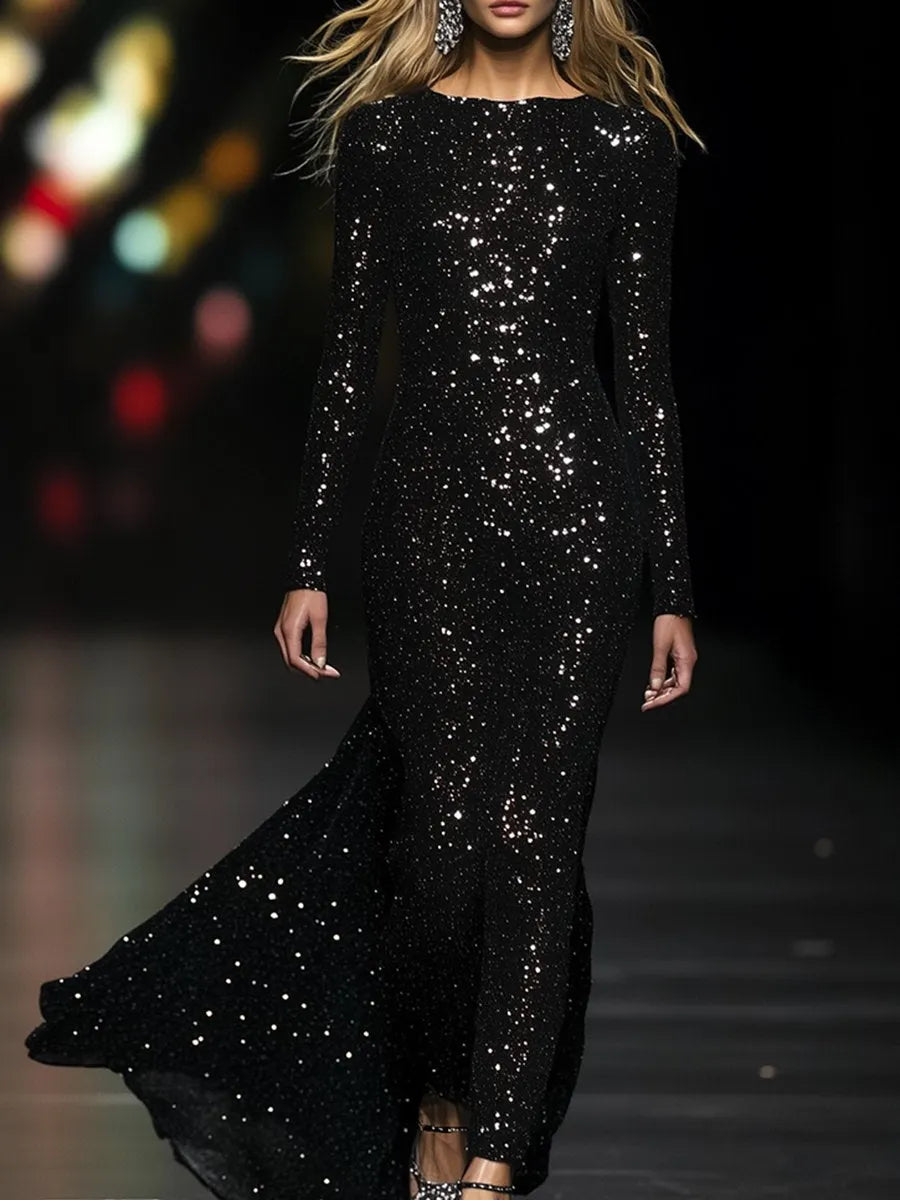 [24-hour shipping out]High-End Luxury Temperament Slim Heavy Sequined Maxi Dress
