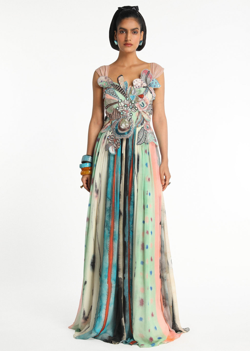 Aether - Aurora applique 3d embellished flower cupro gathered maxi dress