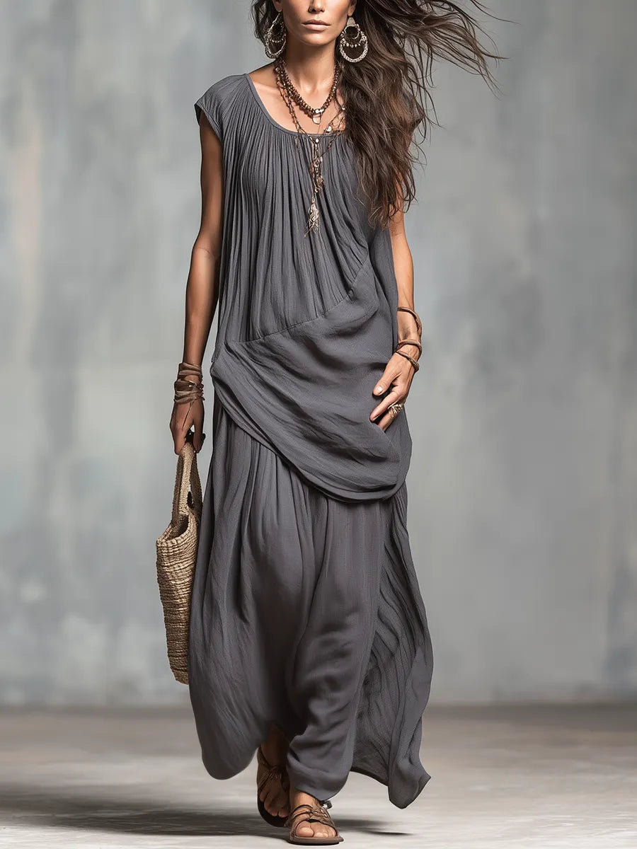 Minimalist Charcoal Grey Draped Layered Maxi Dress
