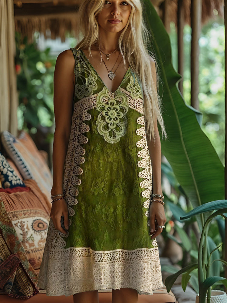 Boho Vintage Lace Patchwork Women's Linen Vest Dress