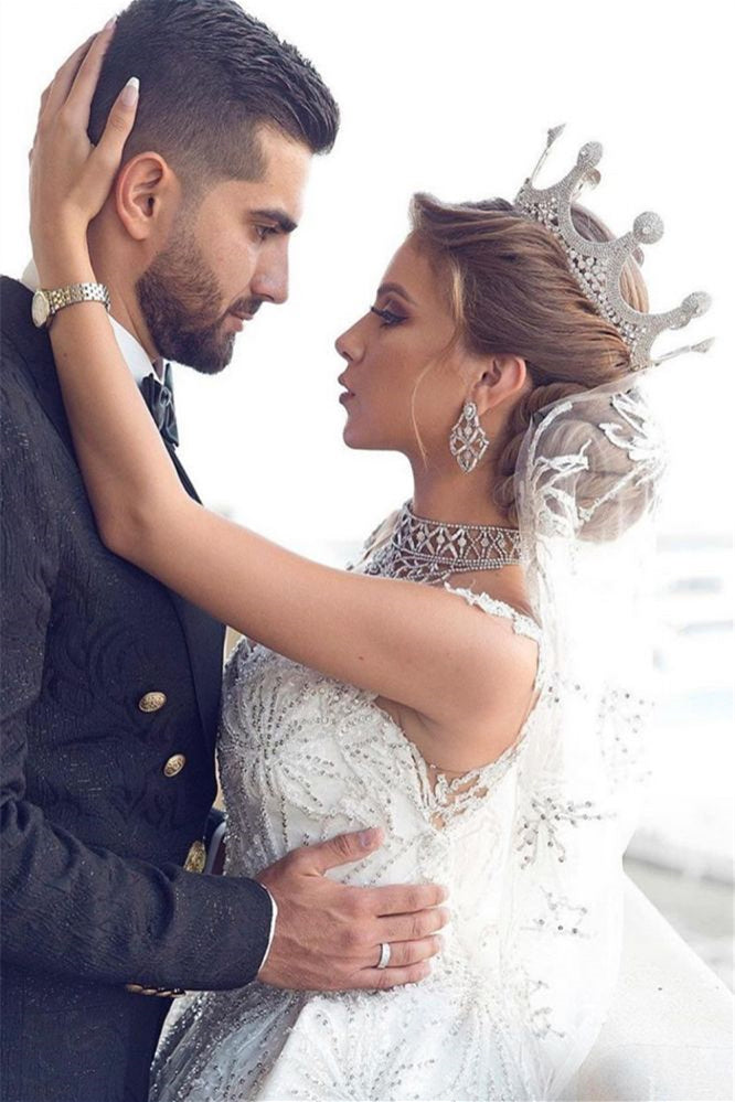 Daisda Glamorous Cap Sleeves Ball Gown Wedding Dress With Beadings