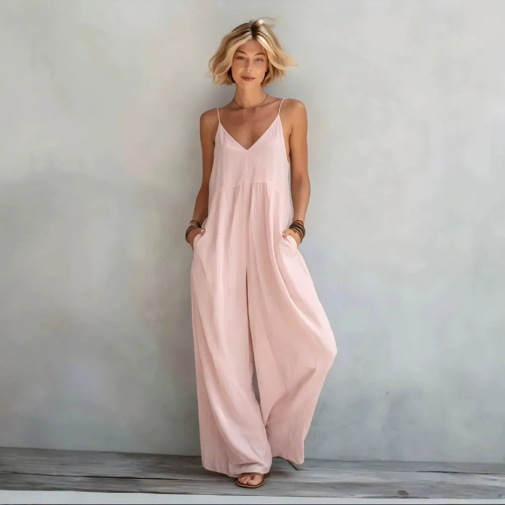 Women's Casual White Cotton-linen Blend Sleeveless Loose Jumpsuit