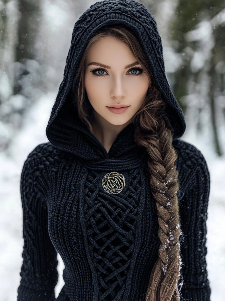 Women's Viking Style Knitted Cozy Hooded Sweater