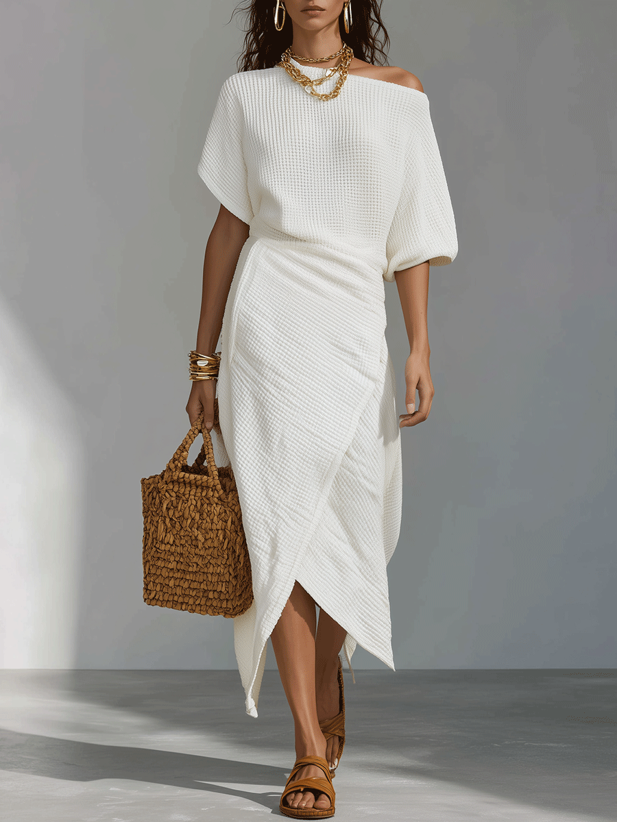 Bohemian Textured Resort Ivory One-Shoulder Midi Dress