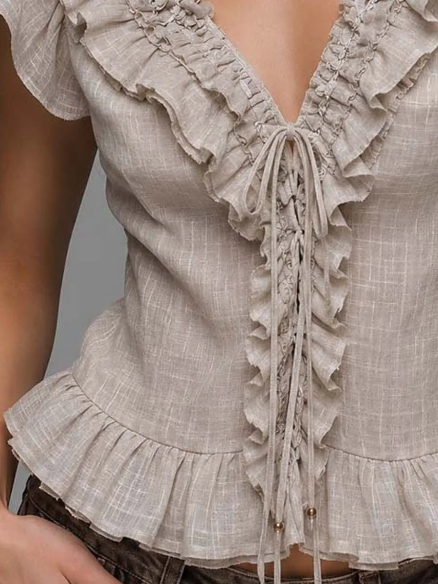 Bohemian Beige Linen-Blend Ruffled Lace-Up Peplum Top
