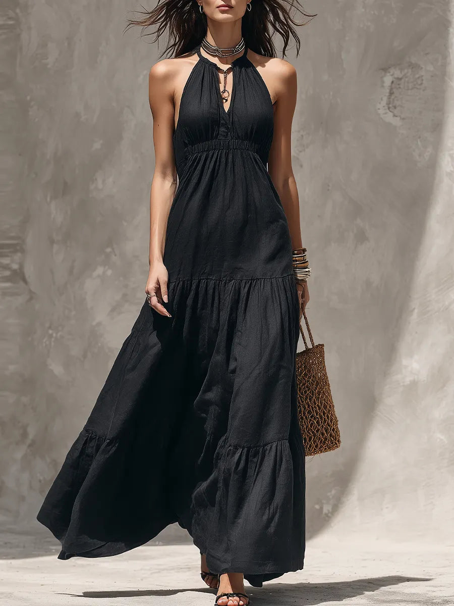 Relaxed Black Halter Neck Tiered Maxi Dress