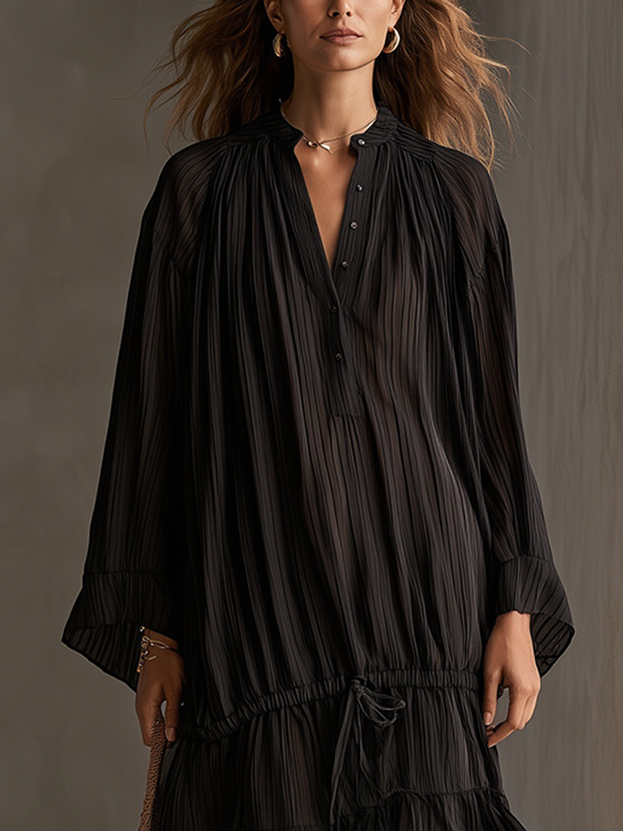 Bohemian Black Pleated Ruffle Maxi Dress