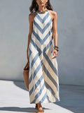 Chic Blue Chevron Halter Maxi Dress