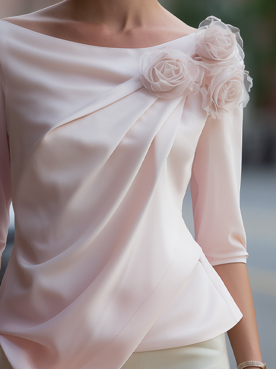 3D Floral Draped Chiffon Asymmetric Top