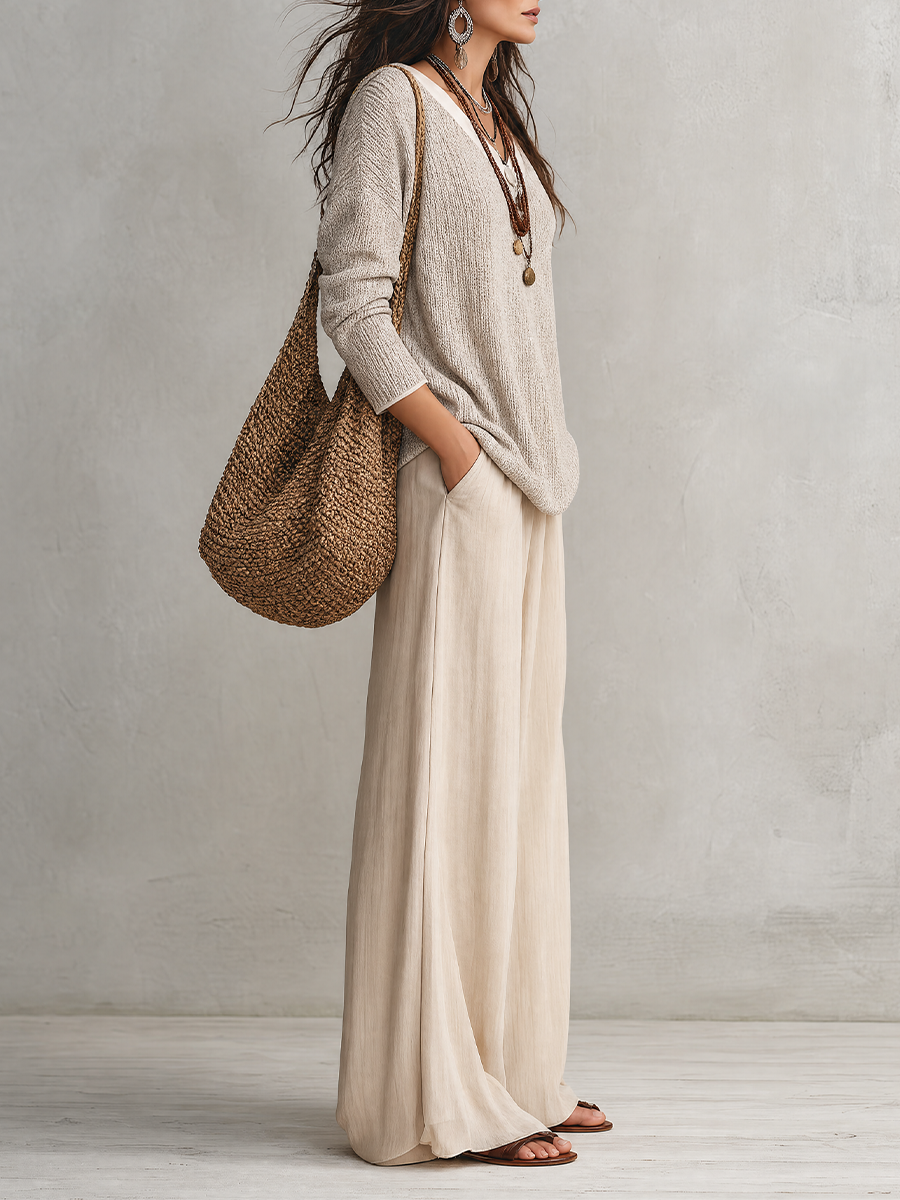 Relaxed Coastal Knit Sweater & Palazzo Pants Outfit Set