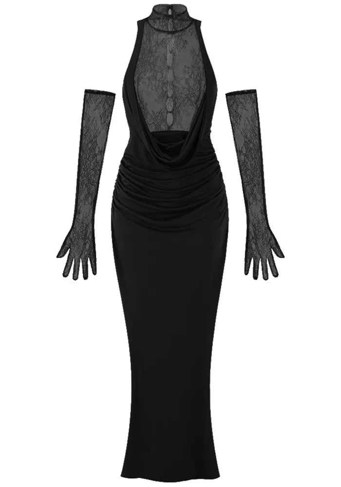 Halter Lace Insert Maxi Dress Black