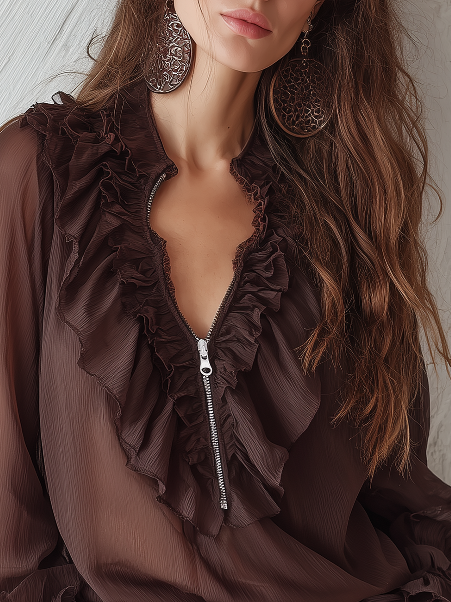Romantic Chocolate Ruffle Zip Blouse