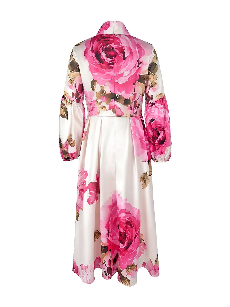A-Line Long Sleeves Elasticity Flower Print Pleated Mock Neck Maxi Dresses