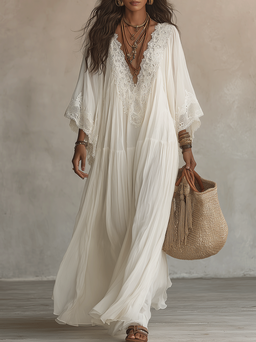 Effortless Flowy Vacation Cream White Boho Maxi Dress