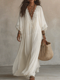 Effortless Flowy Vacation Cream White Boho Maxi Dress