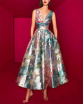 Women's V-neck Sleeveless Printed Satin Dress - 01