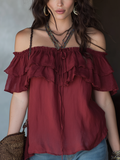 Elegant Brick Red Cotton Linen Off-shoulder Ruffle Top
