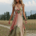 Women's Retro Floral Art Linen Suspenders Dress