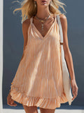 Women's Striped Ruffled Sleeveless V-Neck Spaghetti Strap Mini Dress