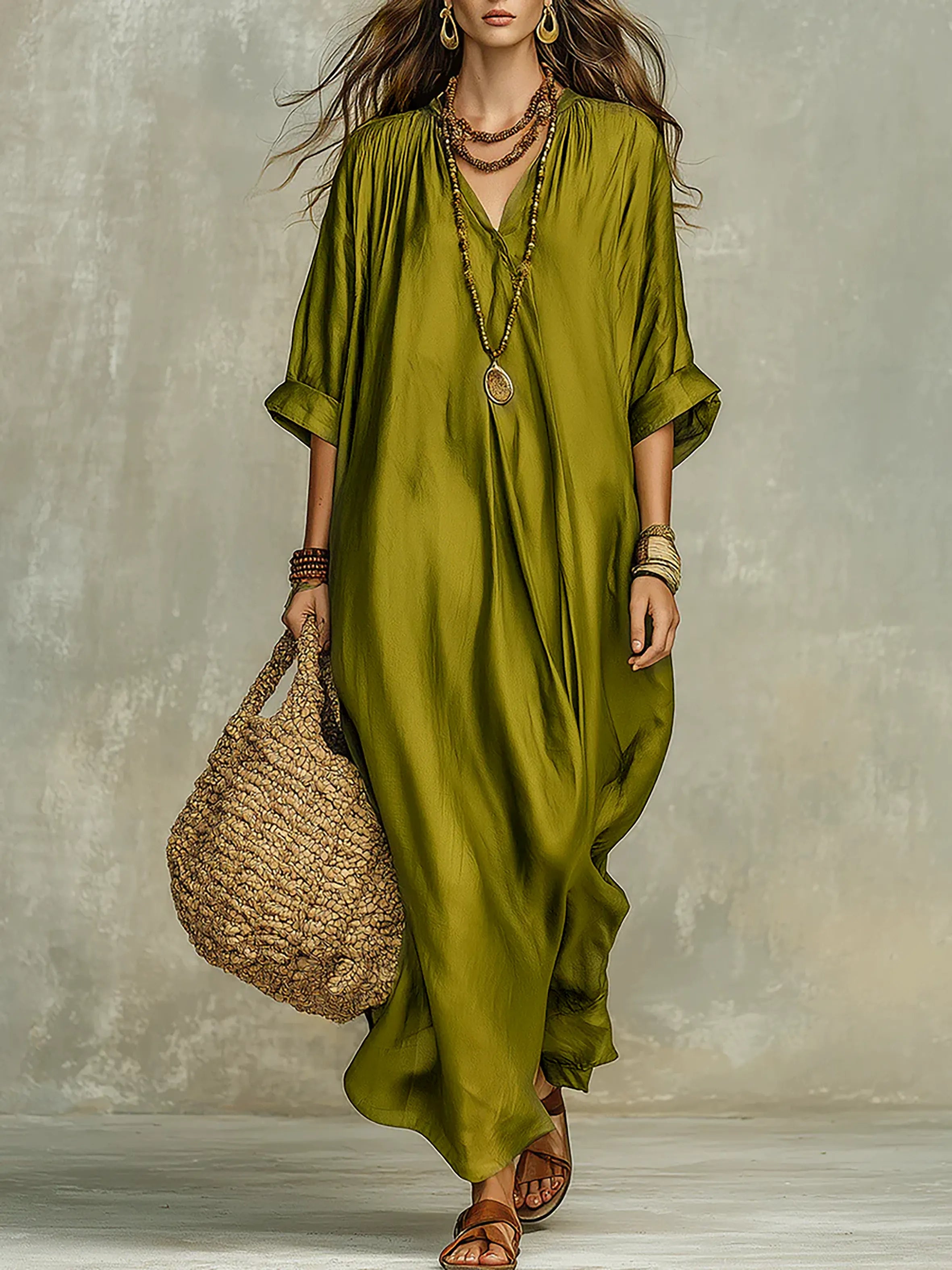 Olive Green Relaxed Bohemian Maxi Dress