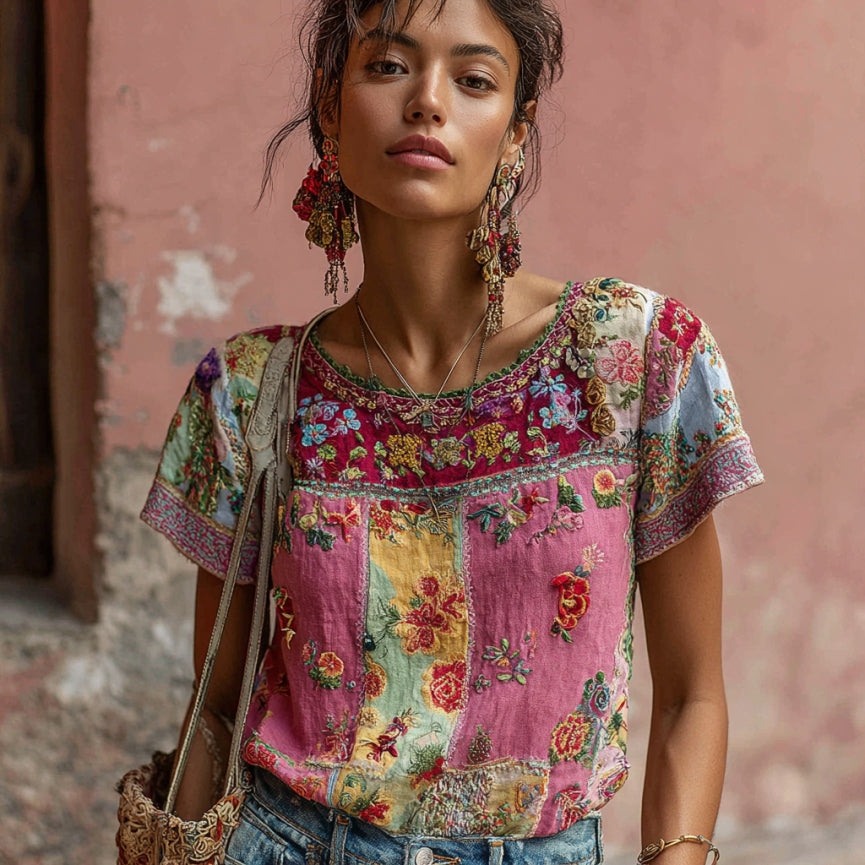 Women's Vintage Bohemian Floral Embroidery Art Round Neck Short Sleeve T-shirt