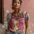 Women's Vintage Bohemian Floral Embroidery Art Round Neck Short Sleeve T-shirt