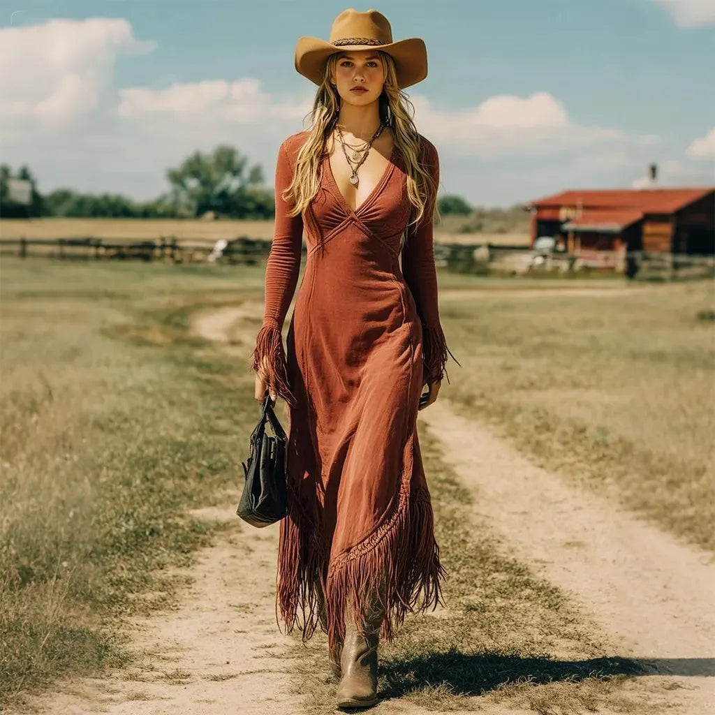 Women's Vintage Bohemian Fringe Maxi Mermaid Dress