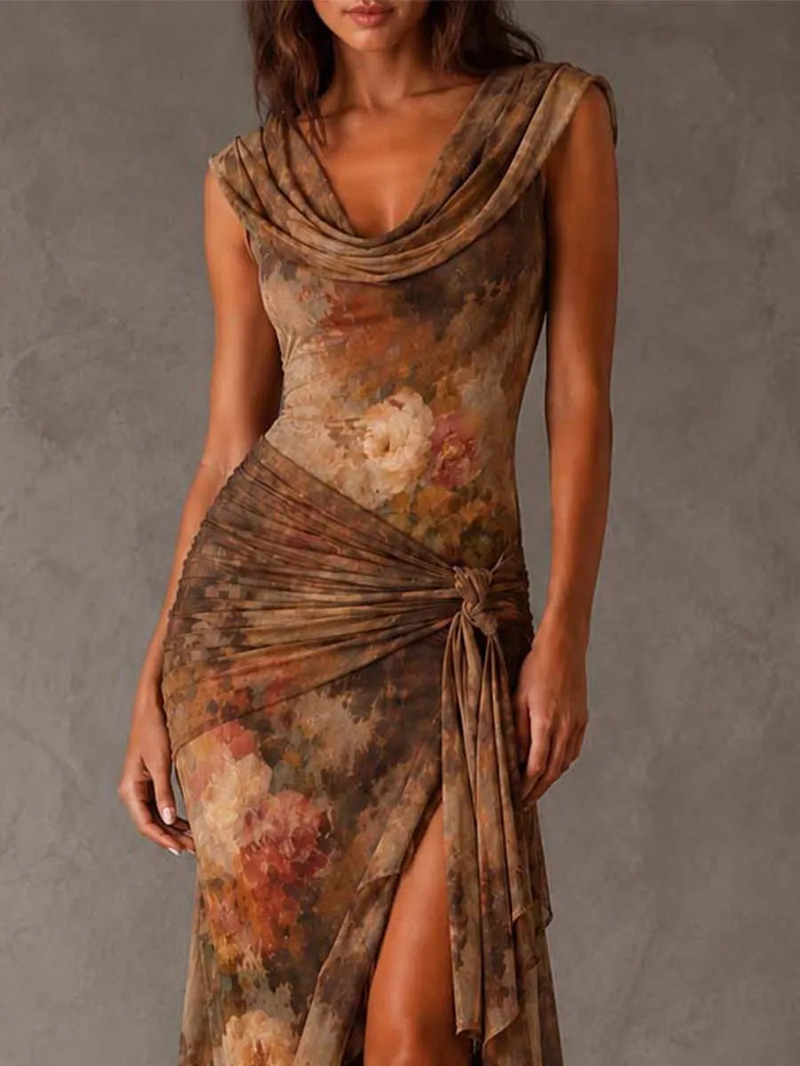 Draped Cowl Neck Vintage Floral Mesh Tie Side High Slit Midi Dress